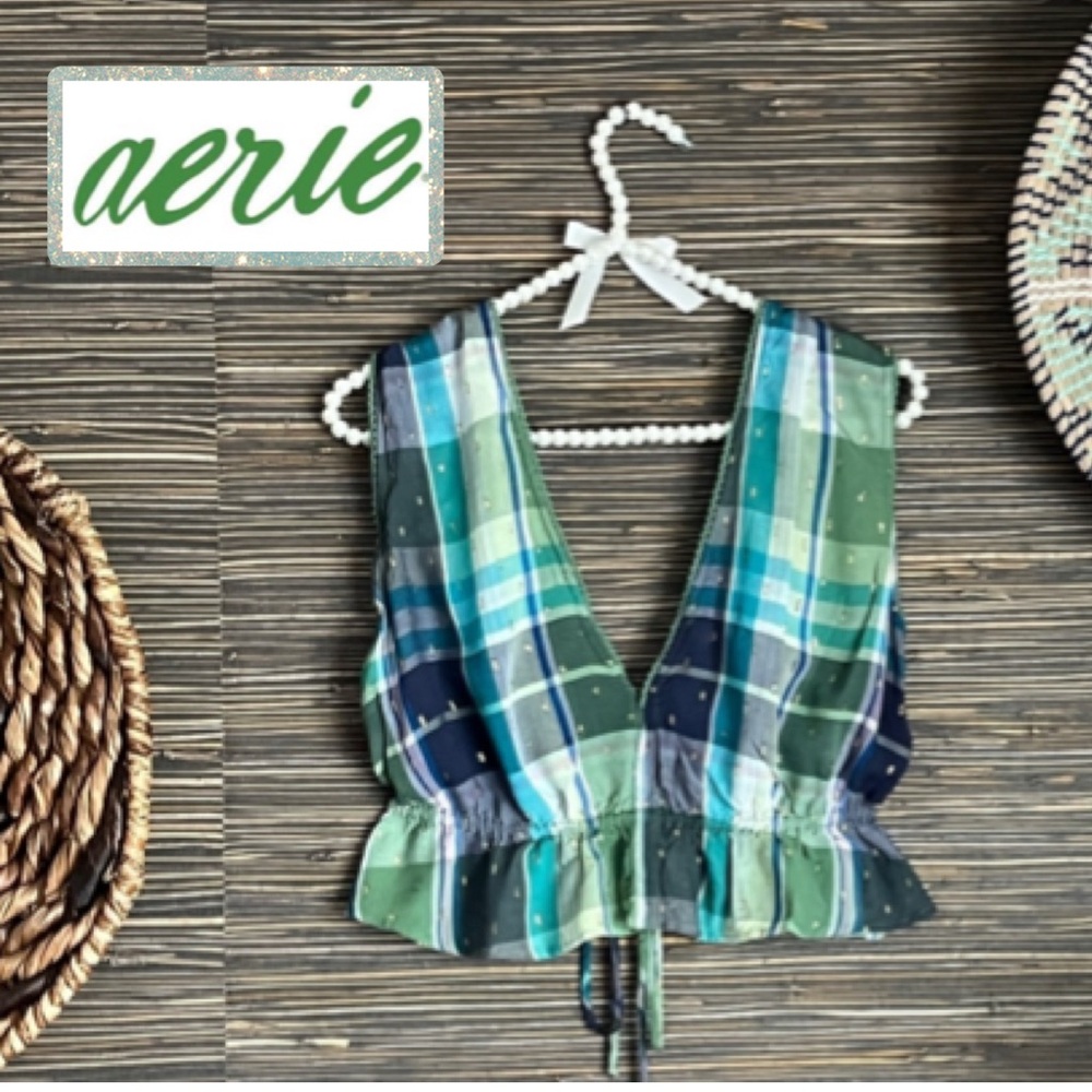 Aerie Green Plaid Sleeveless Peplum Top